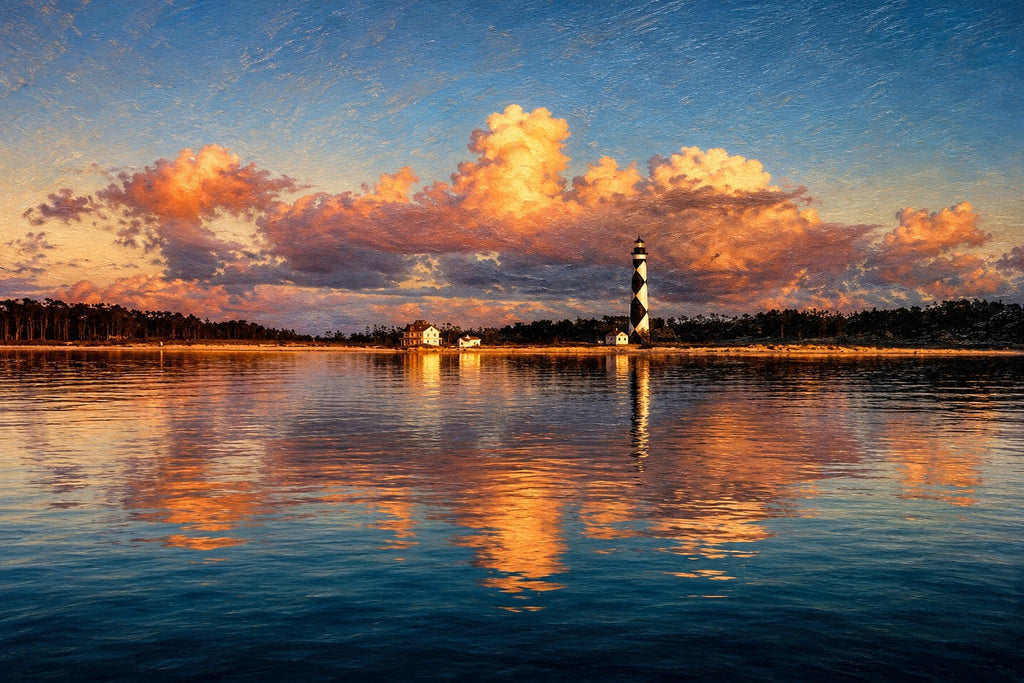 Cape Lookout Lighthouse at sunset reflected in calm water, gallery-wrapped photographic art canvas of North Carolina's Southern Outer Banks by Bobby Bryan Goodwin