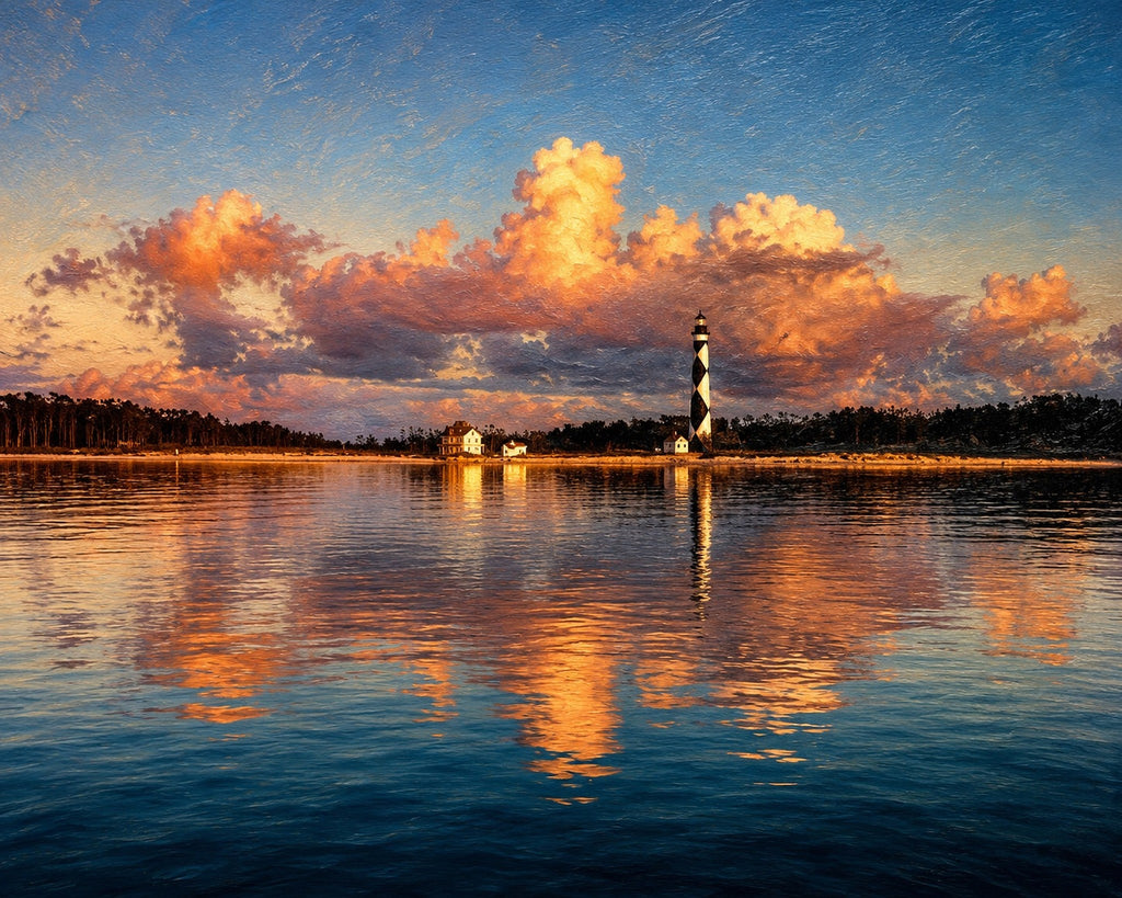 Cape Lookout Lighthouse at sunset reflected in calm water, photographic art print of North Carolina's Southern Outer Banks by Bobby Bryan Goodwin