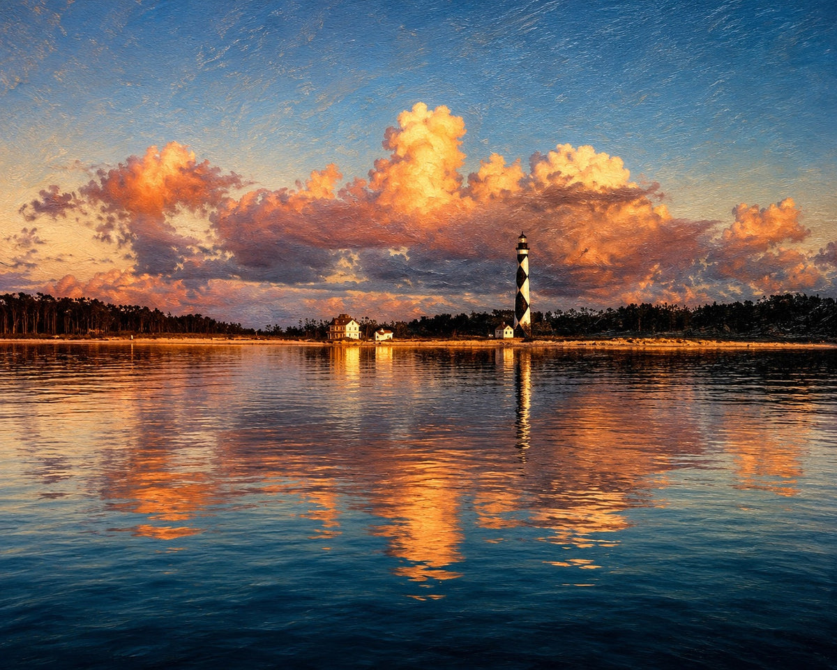 Cape Lookout Lighthouse at sunset reflected in calm water, photographic art print of North Carolina's Southern Outer Banks by Bobby Bryan Goodwin