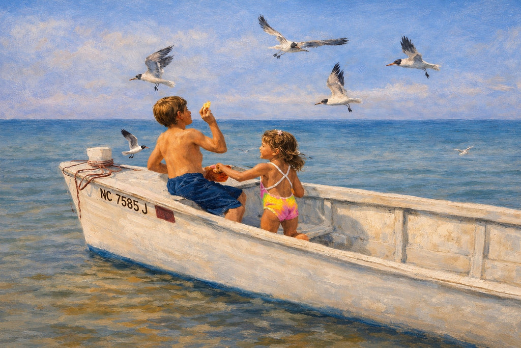 Two children feeding seagulls from a wooden skiff on the water, gallery-wrapped photographic art canvas by Bobby Bryan Goodwin