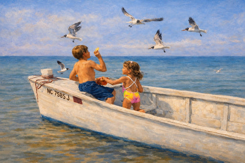 Two children feeding seagulls from a wooden skiff on the water, gallery-wrapped photographic art canvas by Bobby Bryan Goodwin