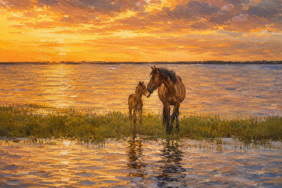 Wild mare and foal touching noses on a flooded marsh at sunset off Shackleford Banks, gallery-wrapped photographic art canvas by Bobby Bryan Goodwin