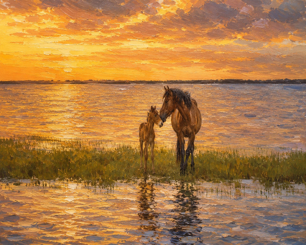Wild mare and foal touching noses on a flooded marsh at sunset off Shackleford Banks, photographic art print by Bobby Bryan Goodwin