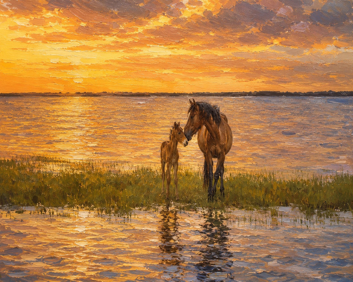 Wild mare and foal touching noses on a flooded marsh at sunset off Shackleford Banks, photographic art print by Bobby Bryan Goodwin