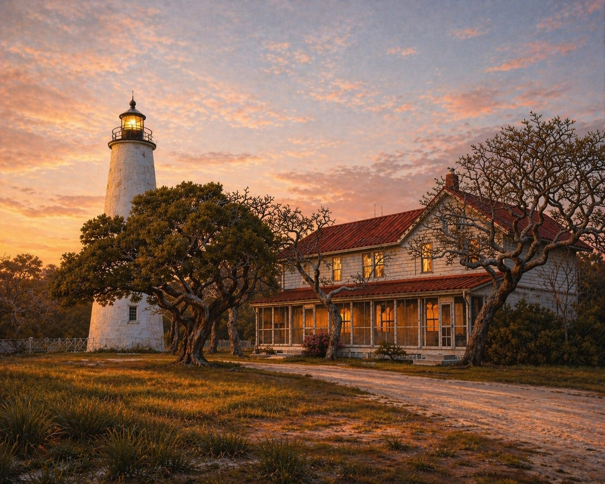 Ocracoke Lighthouse and keeper's quarters at sunset, photographic art print of the Outer Banks by Bobby Bryan Goodwin