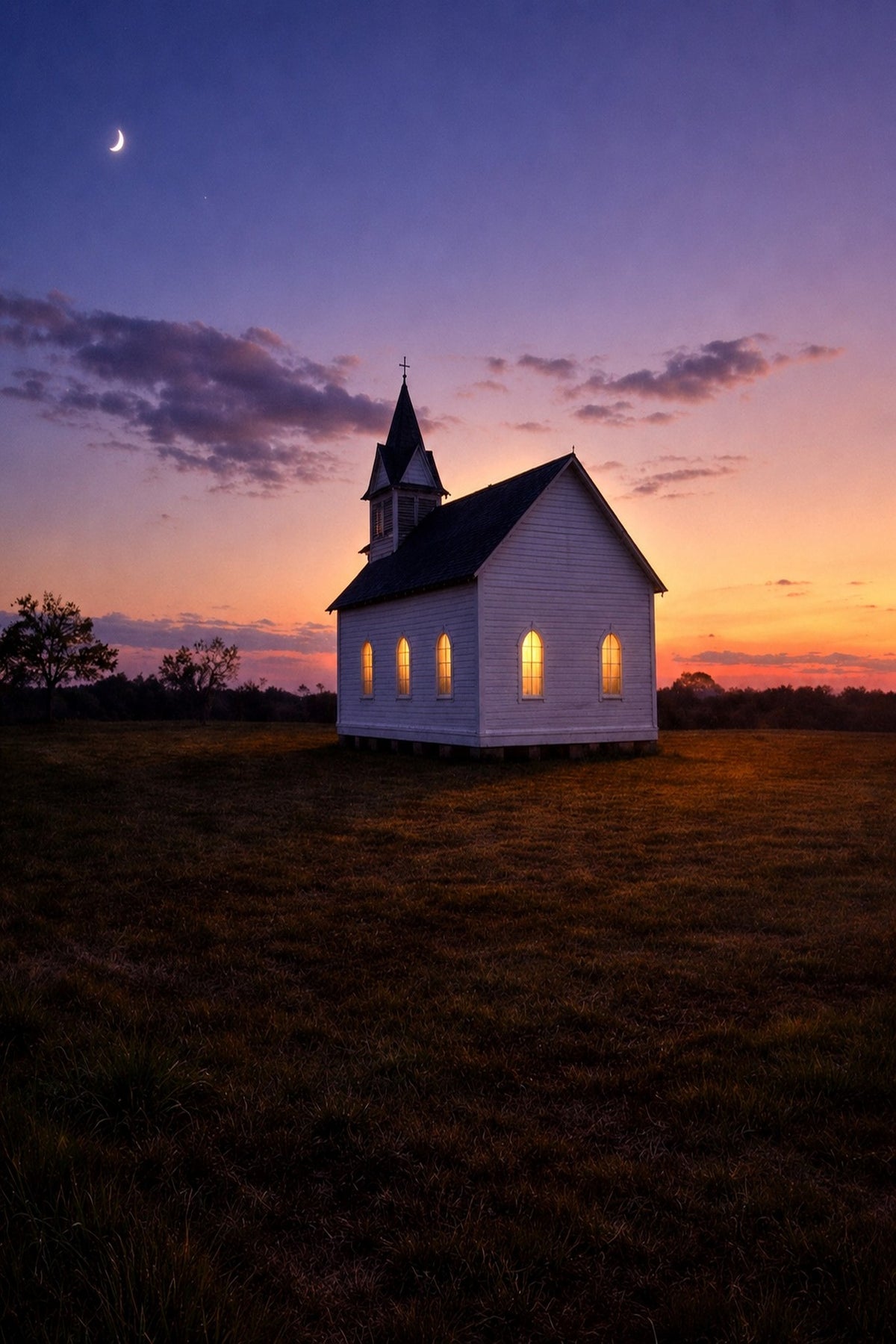 The old Methodist church on Portsmouth Island at dusk with lit windows and a crescent moon, gallery-wrapped photographic art canvas by Bobby Bryan Goodwin