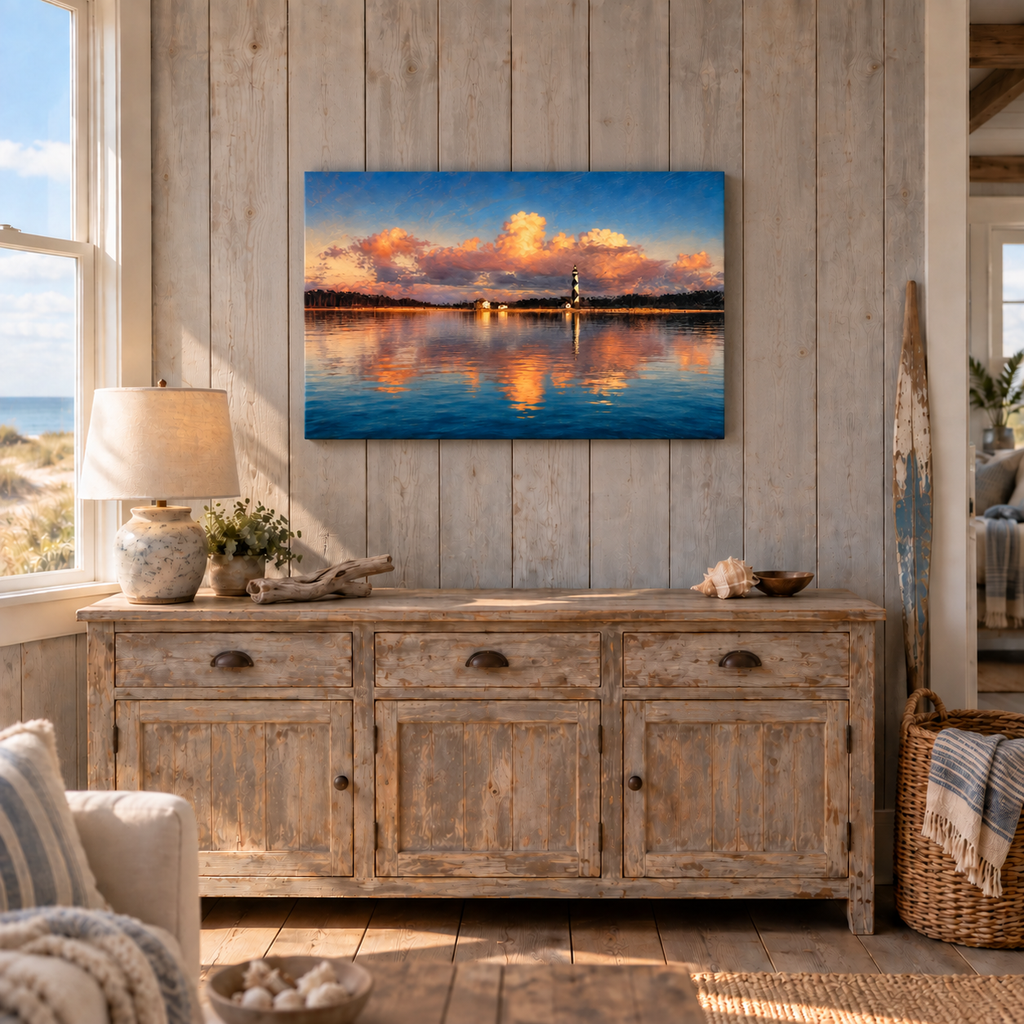 Cape Lookout Sunset canvas shown at 24x36 above a sideboard in a coastal cottage room