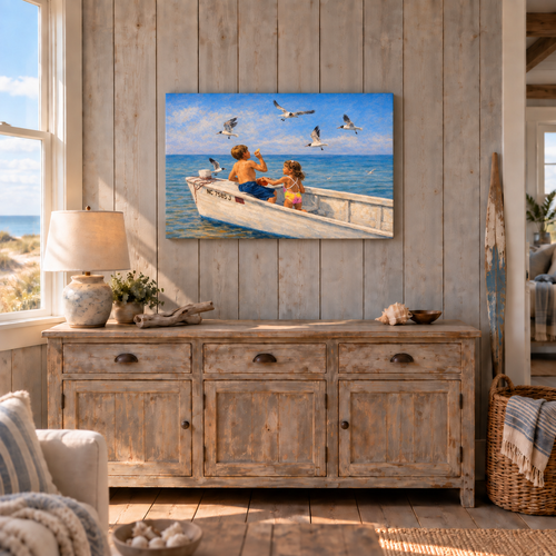 Children in the Skiff canvas shown at 24x36 above a sideboard in a coastal cottage room