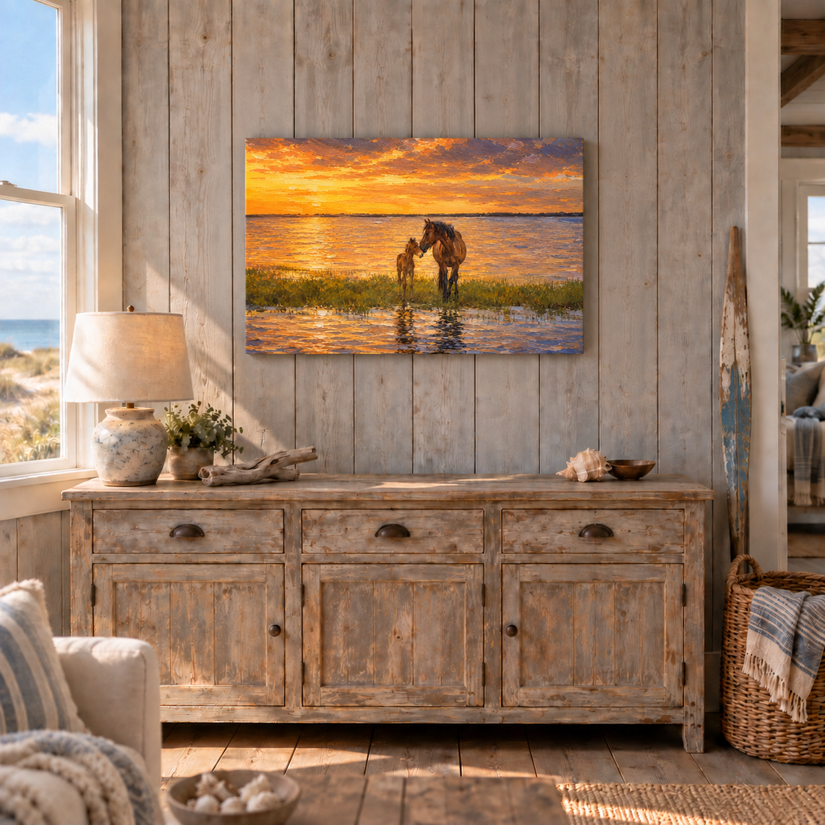 Mare and Foal canvas shown at 24x36 above a sideboard in a coastal cottage room