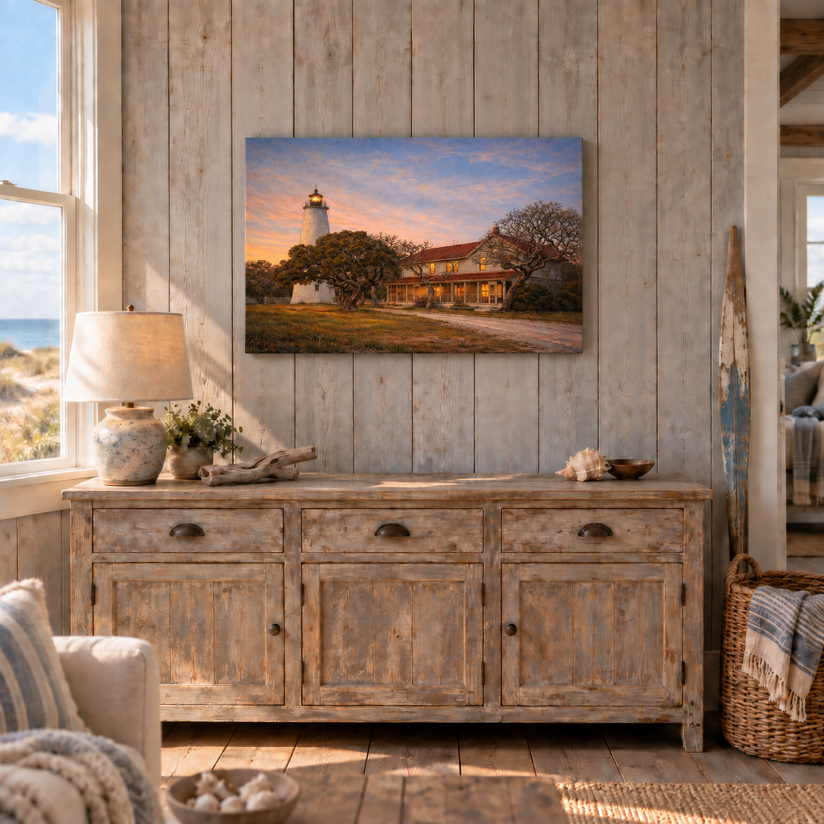 Ocracoke Lighthouse canvas shown at 24x36 above a sideboard in a coastal cottage room