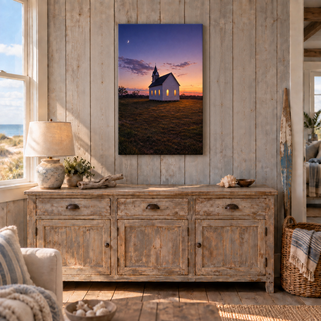 Old Portsmouth Church canvas shown tall at 24x36 above a sideboard in a coastal cottage room