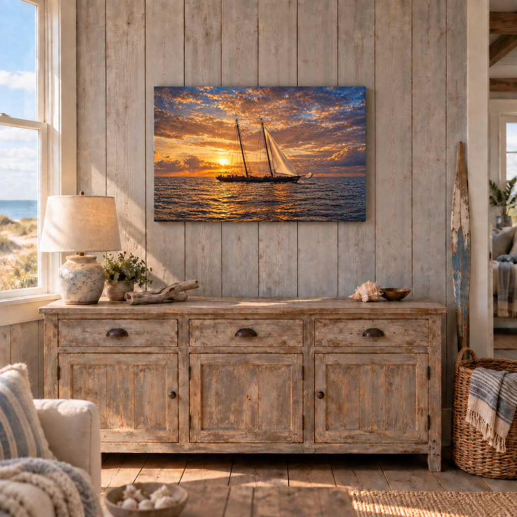 Schooner at Sunrise canvas shown at 24x36 above a sideboard in a coastal cottage room