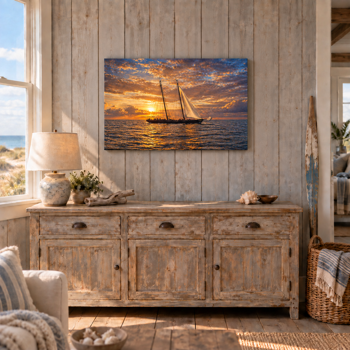 Schooner at Sunrise canvas shown at 24x36 above a sideboard in a coastal cottage room