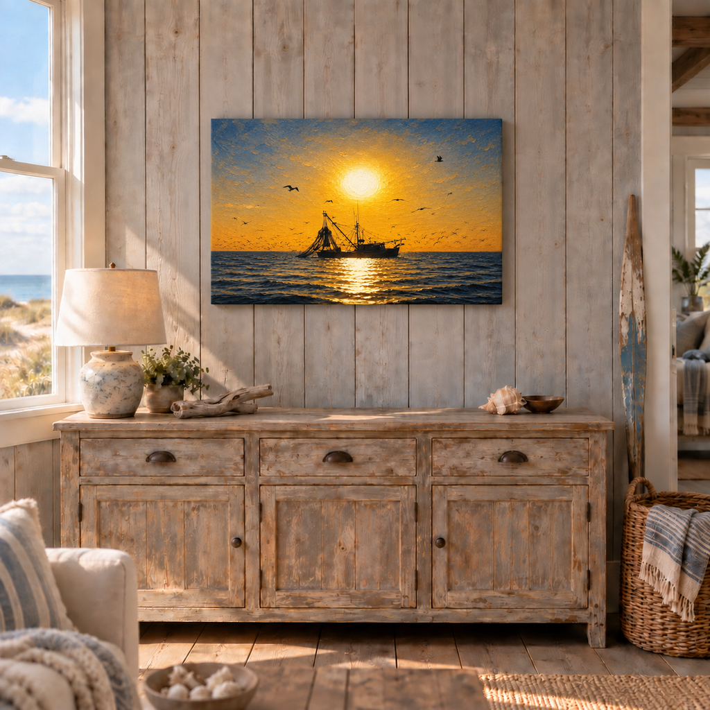 Shrimp Boat at Sunset canvas shown at 24x36 above a sideboard in a coastal cottage room