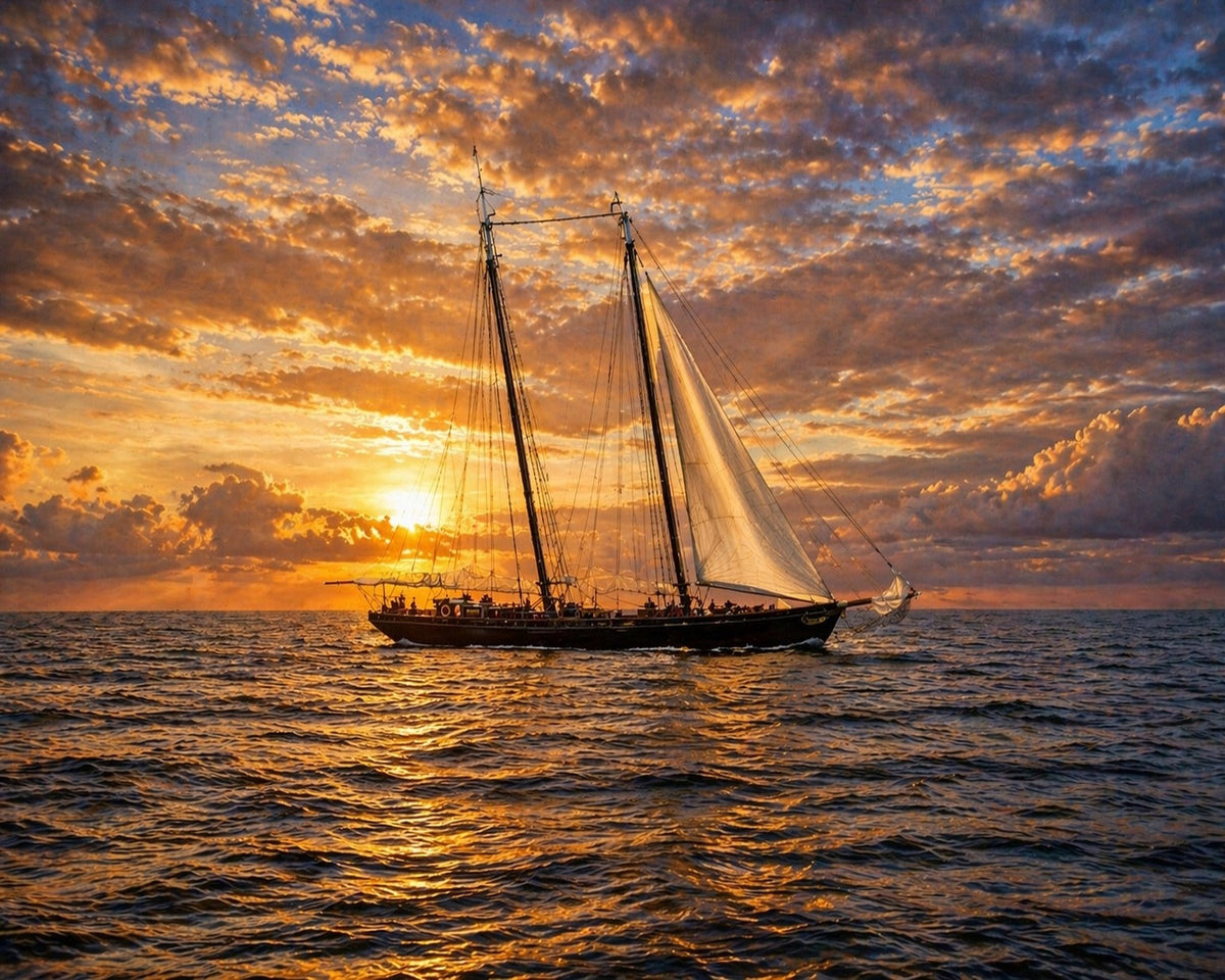 Classic wooden schooner under sail at sunrise off Beaufort Inlet, photographic art print by Bobby Bryan Goodwin