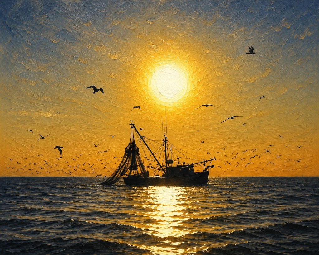 Shrimp boat towing at sunset with gulls following, off Shackleford Banks, photographic art print by Bobby Bryan Goodwin