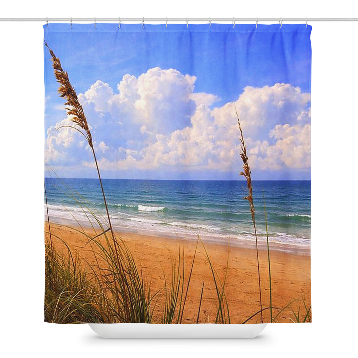 Sea oats shower curtain in a coastal bathroom, photograph by Bobby Bryan Goodwin