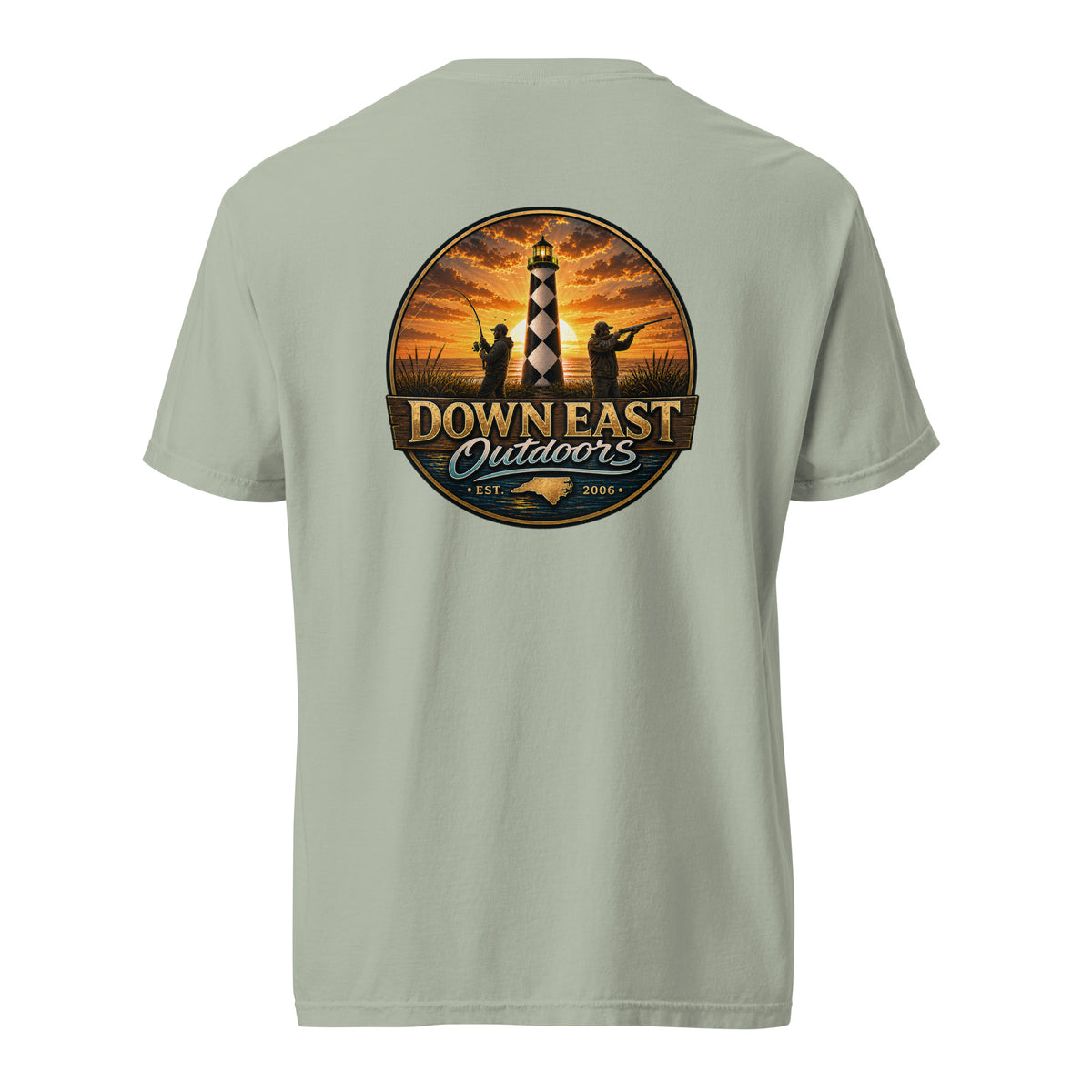 DownEast Outdoors Est. 2006 heavyweight tee in Bay, emblem on the back
