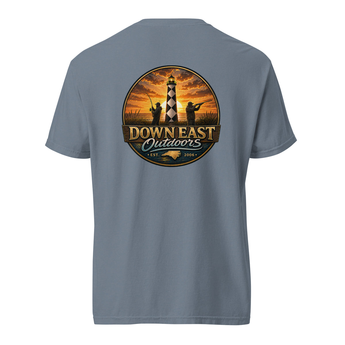 DownEast Outdoors Est. 2006 heavyweight tee in Blue Jean, emblem on the back