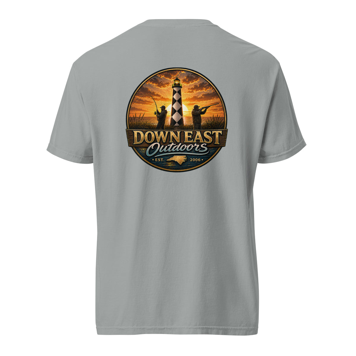 DownEast Outdoors Est. 2006 heavyweight tee in Granite, emblem on the back