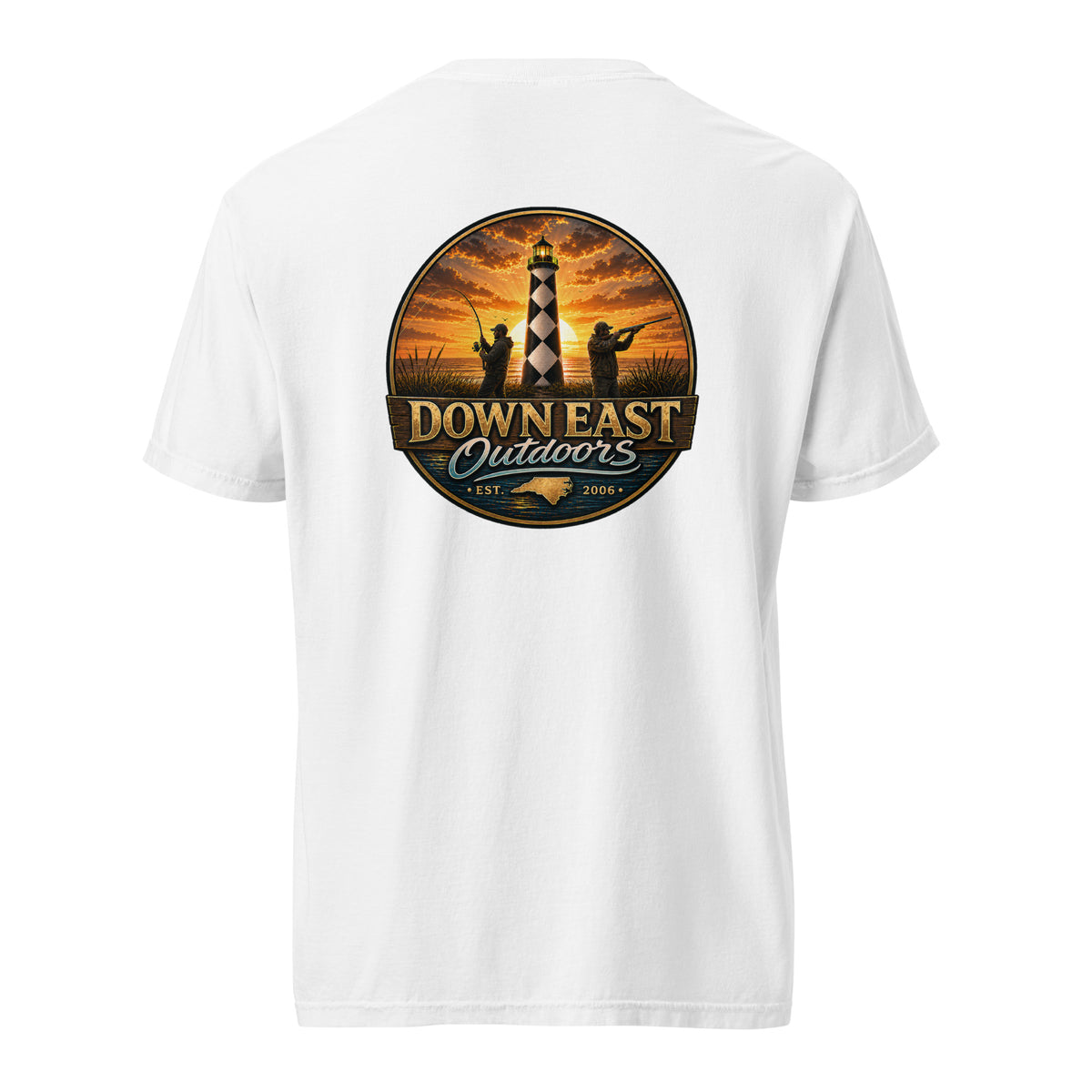 DownEast Outdoors Est. 2006 heavyweight tee in White, emblem on the back