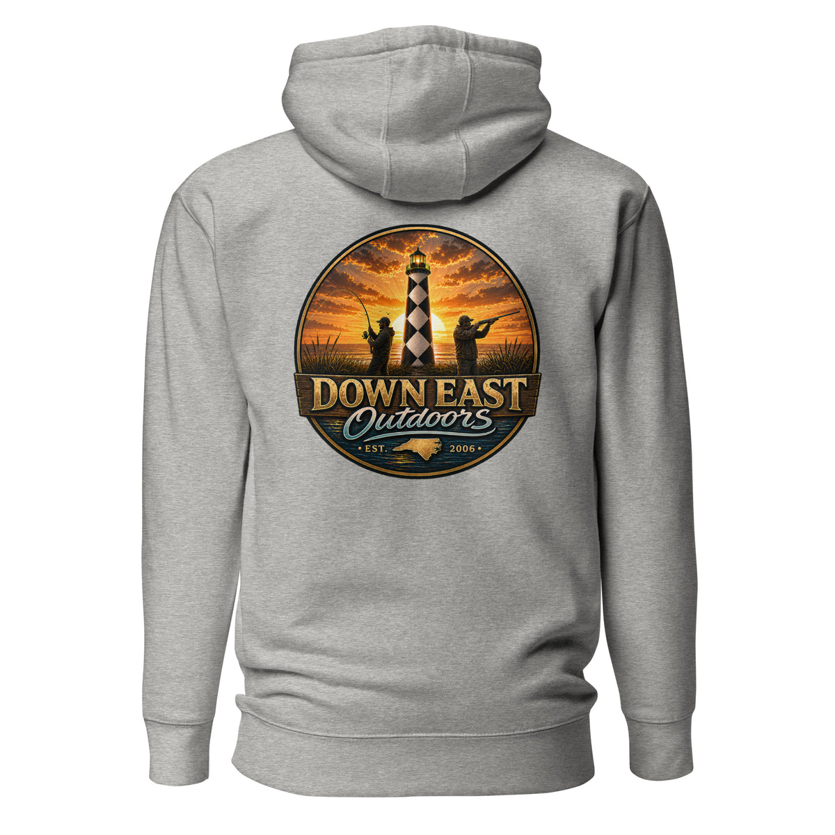 DownEast Outdoors Est. 2006 premium hoodie in Carbon Grey, emblem on the back