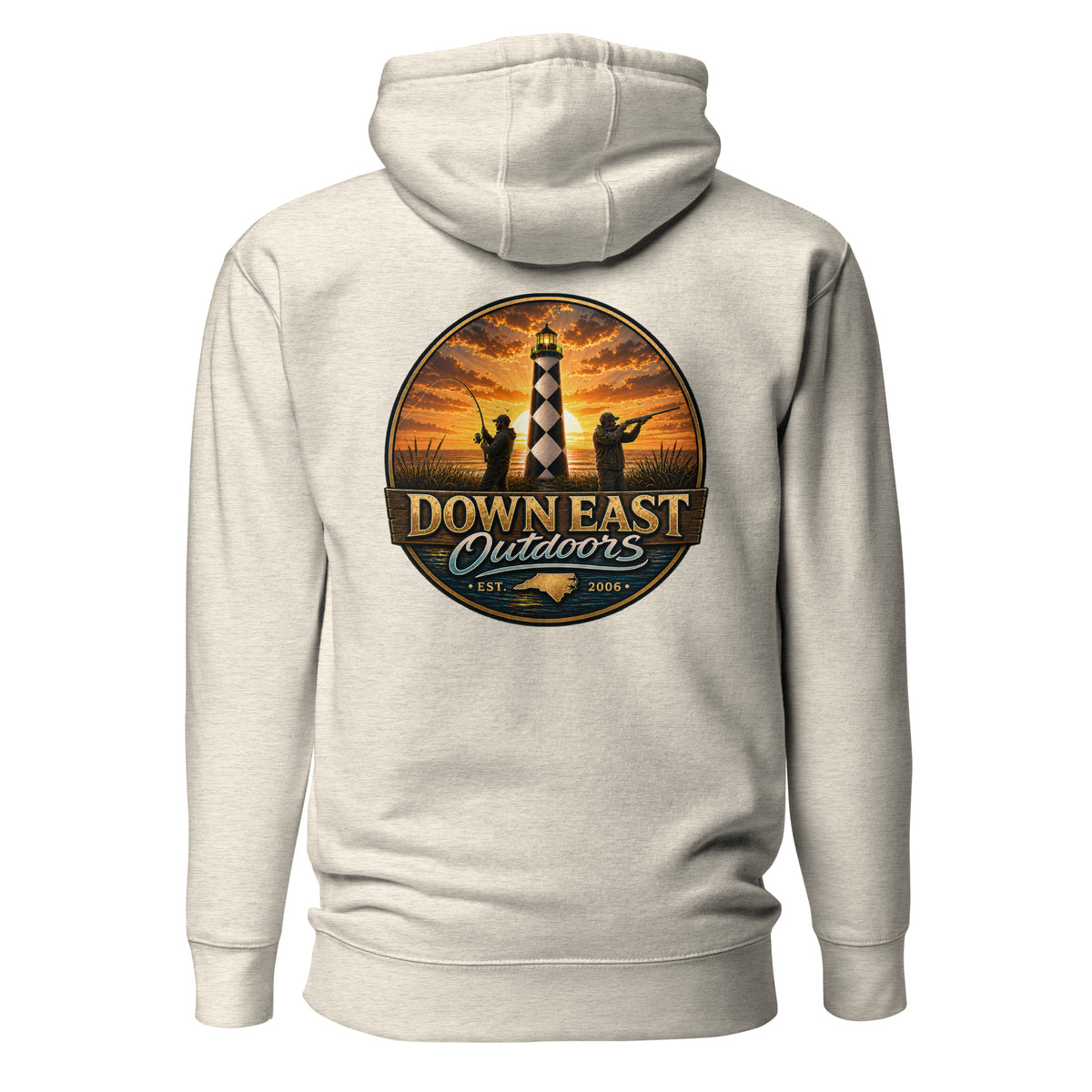 DownEast Outdoors Est. 2006 premium hoodie in Oatmeal Heather, emblem on the back
